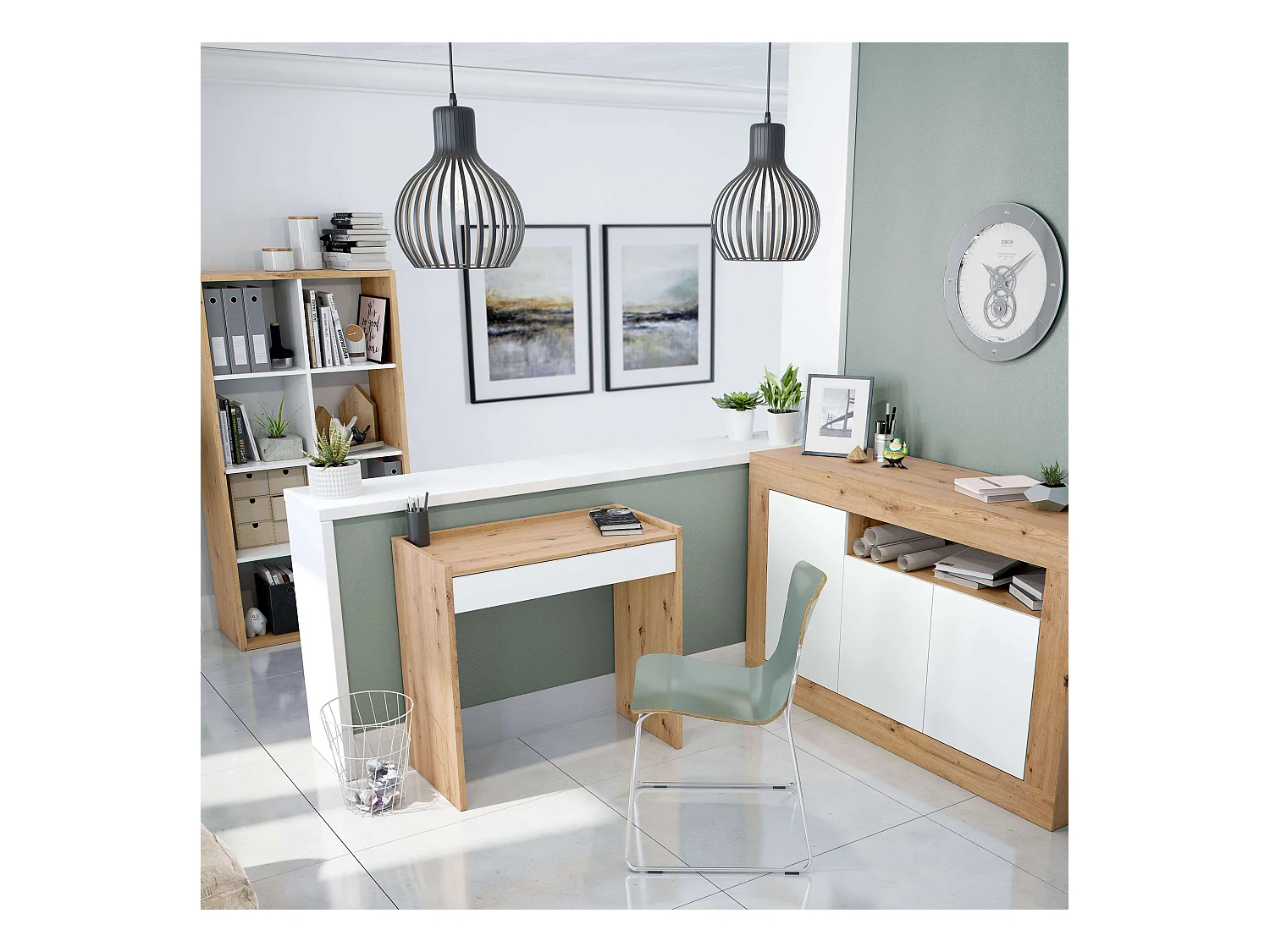 Pack oficina: escritorio + estantería + aparador roble nodi/ blanco mate