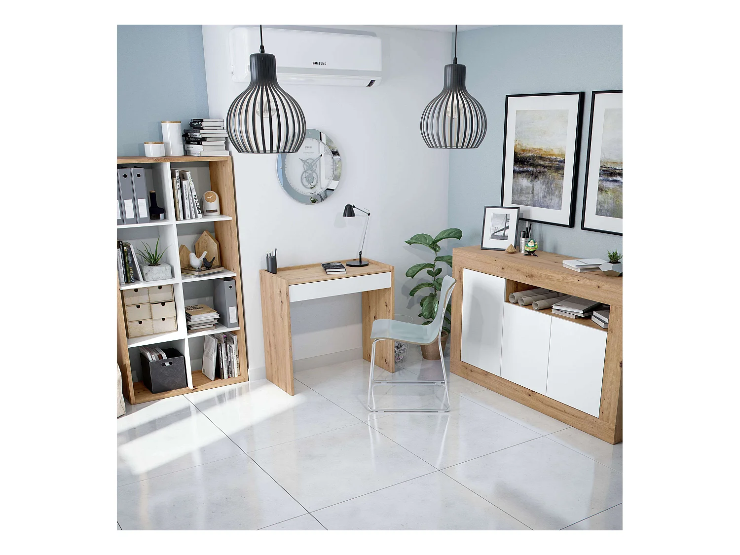 Pack oficina: escritorio + estantería + aparador roble nodi/ blanco mate