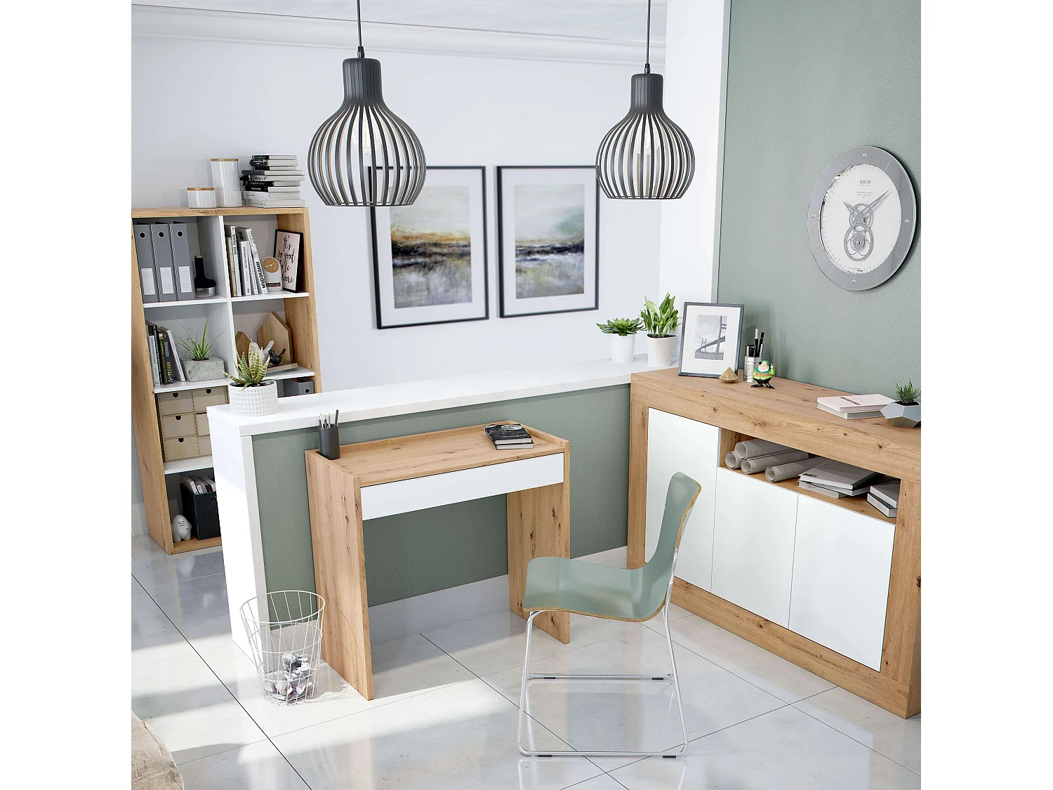 Pack oficina: escritorio + estantería + aparador roble nodi/ blanco mate