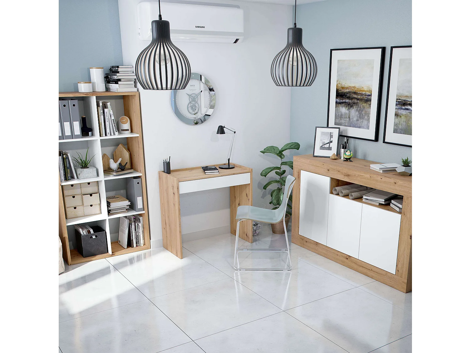 Pack oficina: escritorio + estantería + aparador roble nodi/ blanco mate