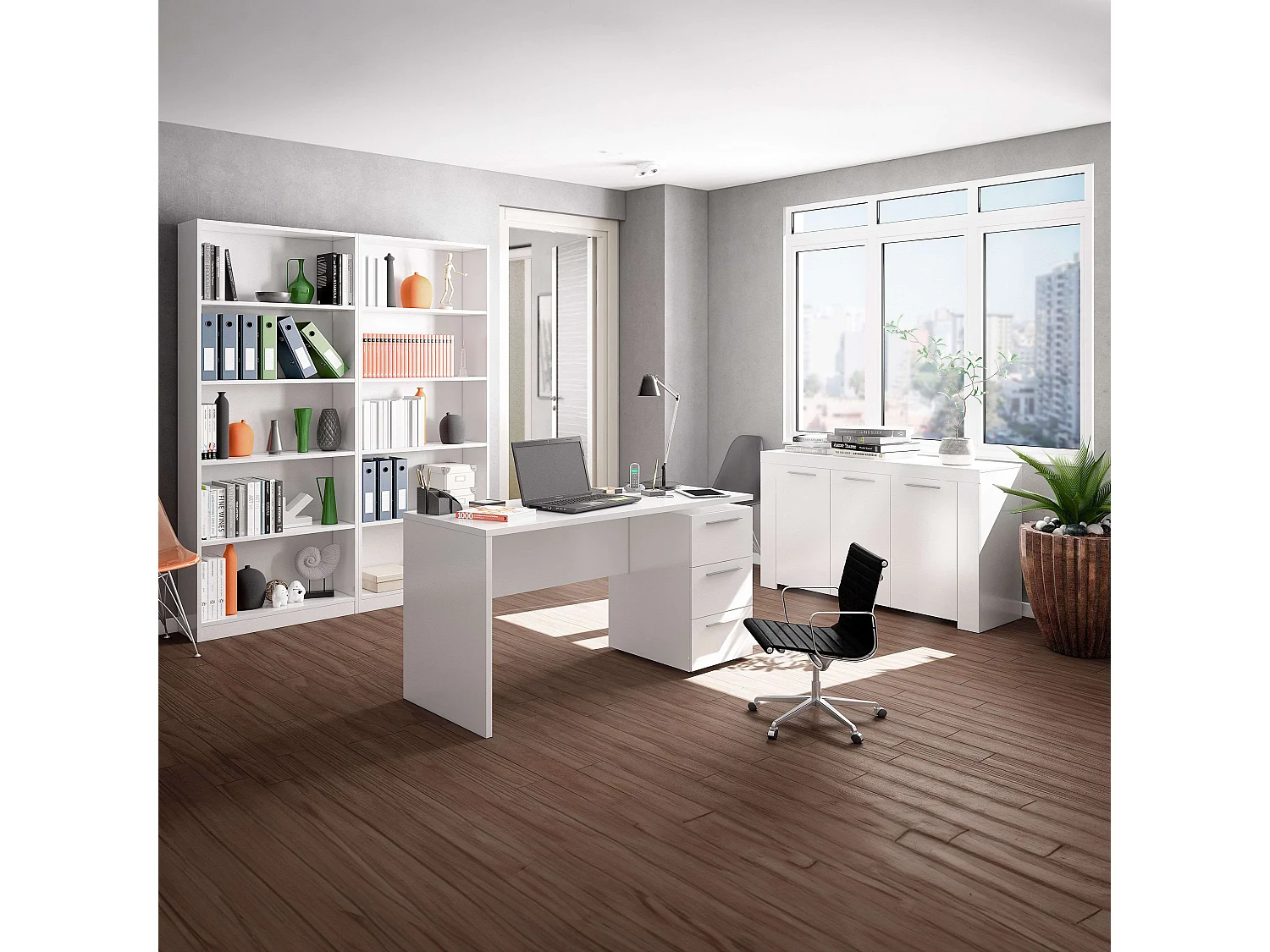 Conjunto despacho blanco: Mesa Escritorio + Aparador + 2 Estanterías