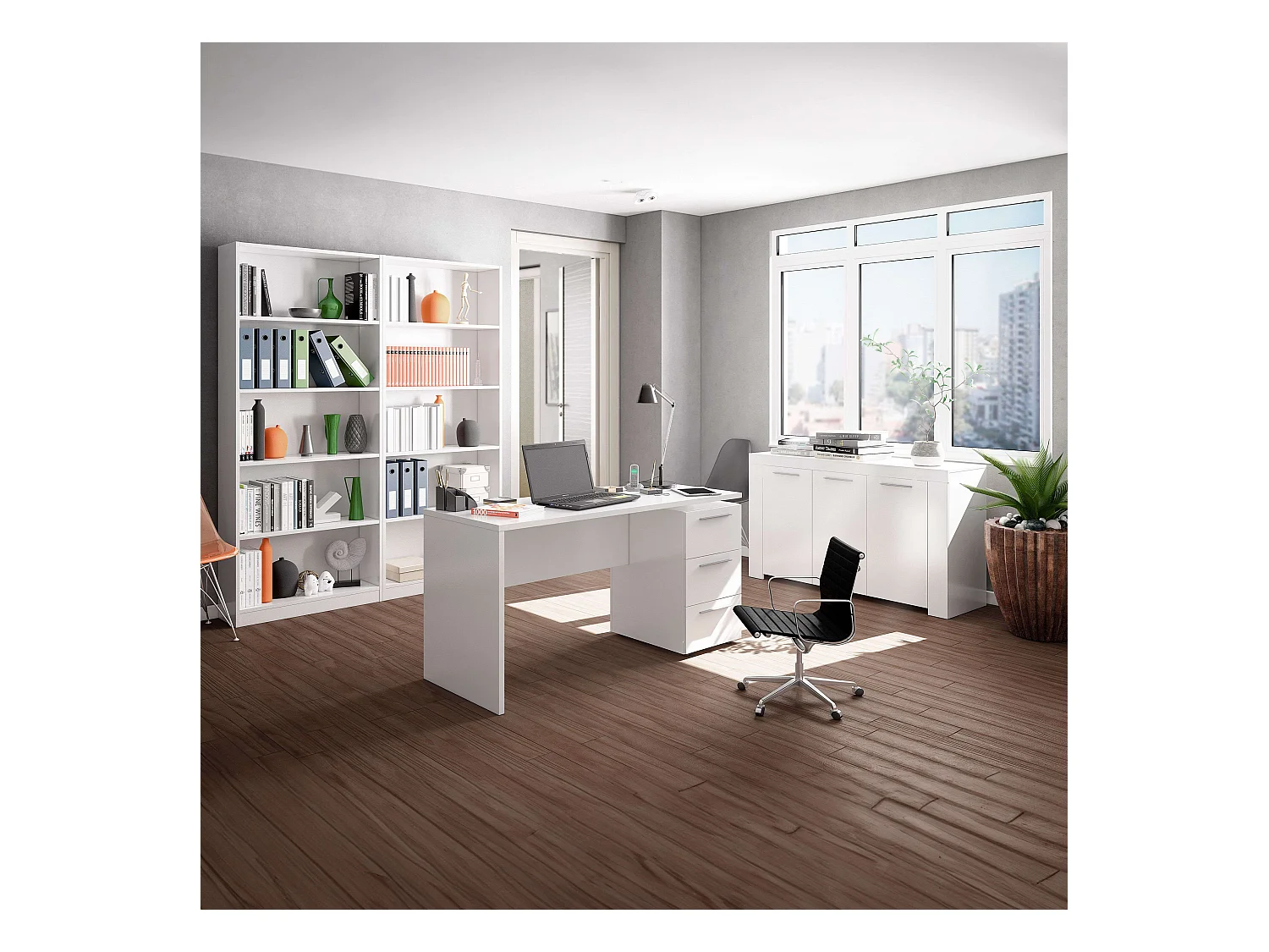 Conjunto despacho blanco: Mesa Escritorio + Aparador + 2 Estanterías