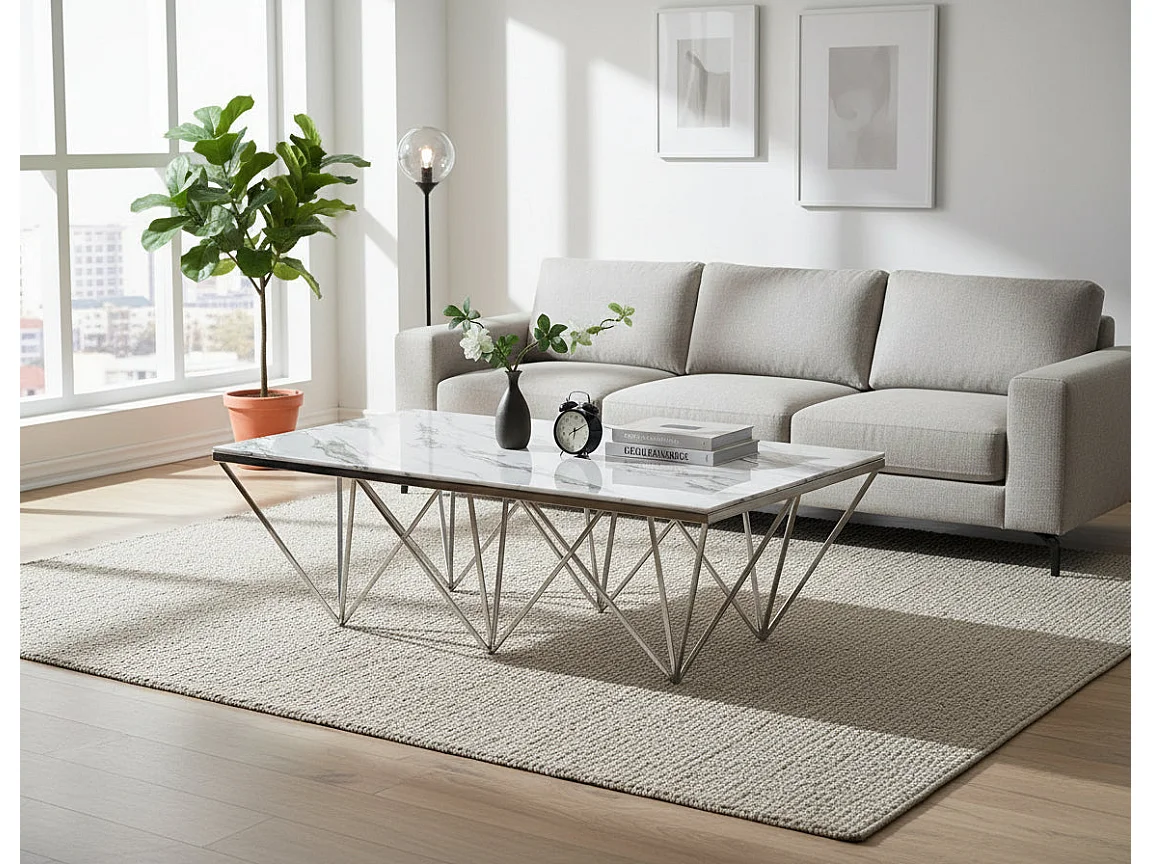 Table Basse GIZE Rectangle Plateau Verre Trempé Marbré Blanc Pieds Chrome 130x70x42cm