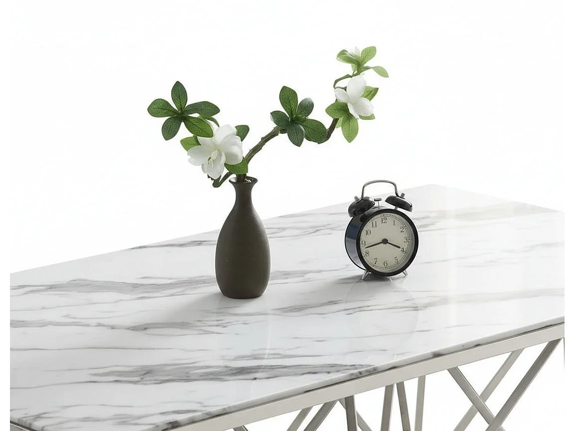 Table Basse GIZE Rectangle Plateau Verre Trempé Marbré Blanc Pieds Chrome 130x70x42cm