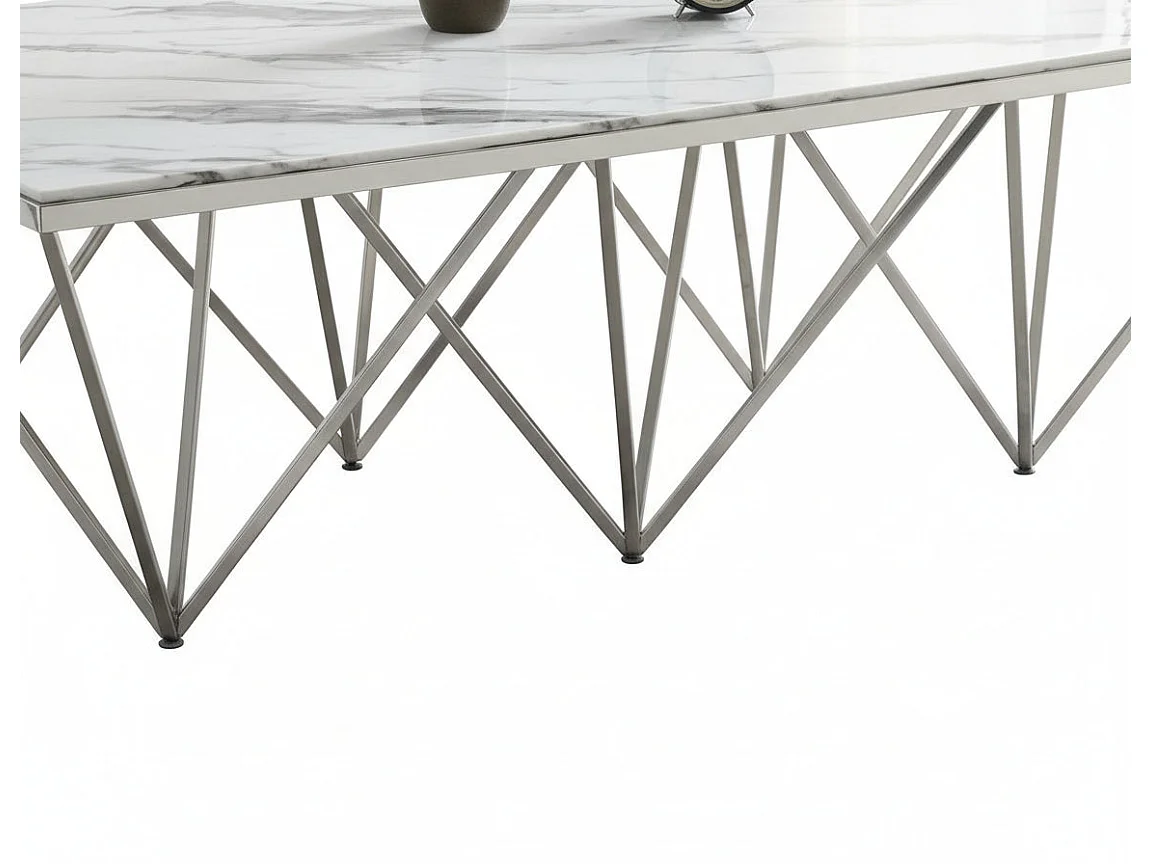 Table Basse GIZE Rectangle Plateau Verre Trempé Marbré Blanc Pieds Chrome 130x70x42cm