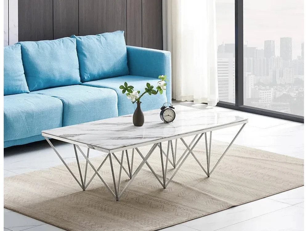 Table Basse GIZE Rectangle Plateau Verre Trempé Marbré Blanc Pieds Chrome 130x70x42cm
