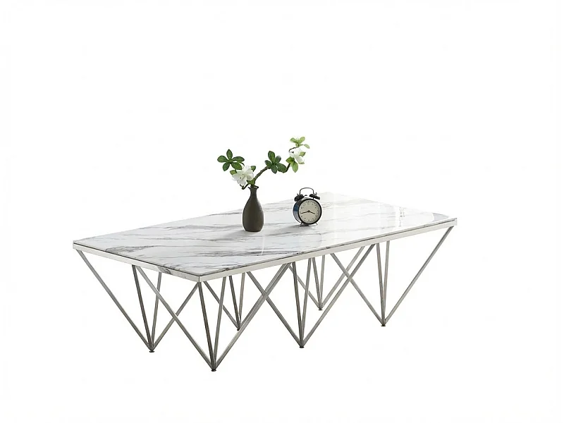 Table Basse GIZE Rectangle Plateau Verre Trempé Marbré Blanc Pieds Chrome 130x70x42cm