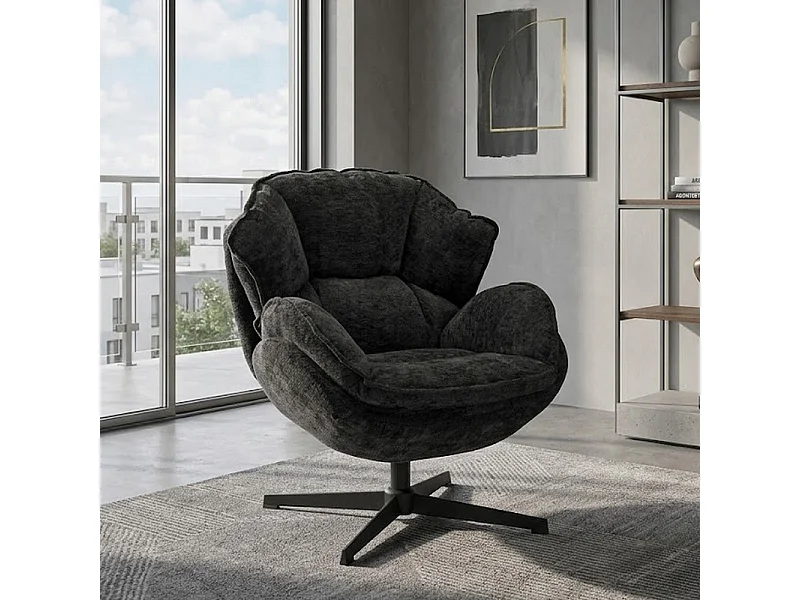 Fauteuil noir pivotant à 360° en tissu doux noir Tofon