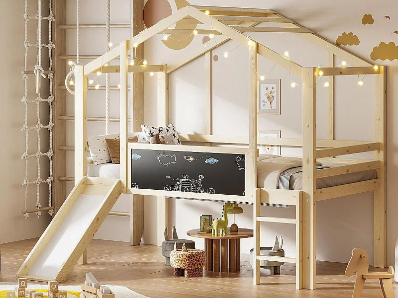 Lit mezzanine enfant 90x200 cm - avec échelle de sécurité - avec toboggan - avec tableau à dessin - Naturel (matelas non inclus)