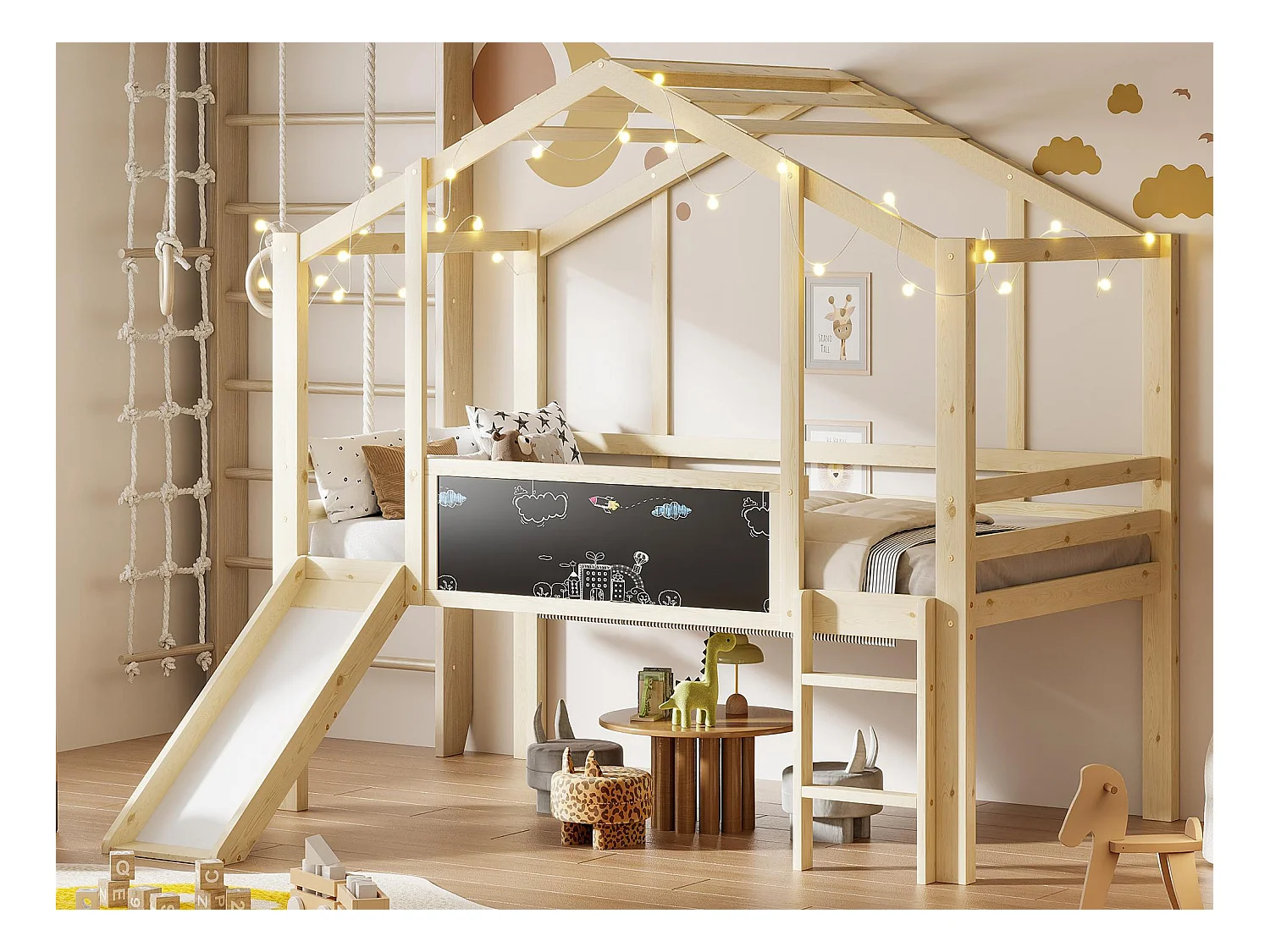 Lit mezzanine enfant 90x200 cm - avec échelle de sécurité - avec toboggan - avec tableau à dessin - Naturel (matelas non inclus)