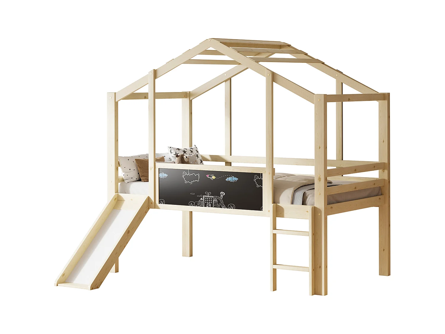 Lit mezzanine enfant 90x200 cm - avec échelle de sécurité - avec toboggan - avec tableau à dessin - Naturel (matelas non inclus)