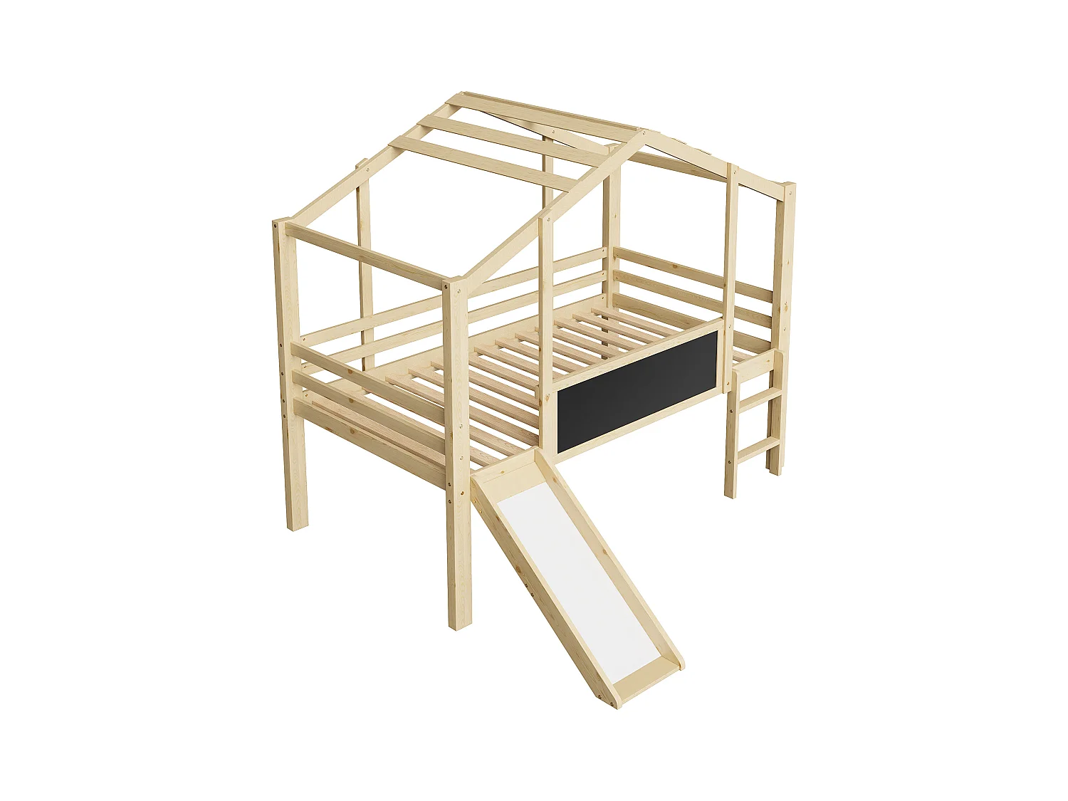 Lit mezzanine enfant 90x200 cm - avec échelle de sécurité - avec toboggan - avec tableau à dessin - Naturel (matelas non inclus)