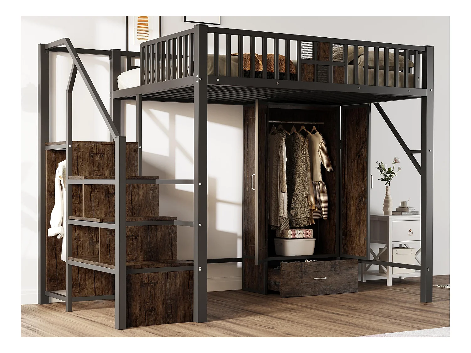 Lit mezzanine en métal 140x200 cm - avec penderie - 1 tiroir - avec échelle de rangement - noir (matelas non inclus)