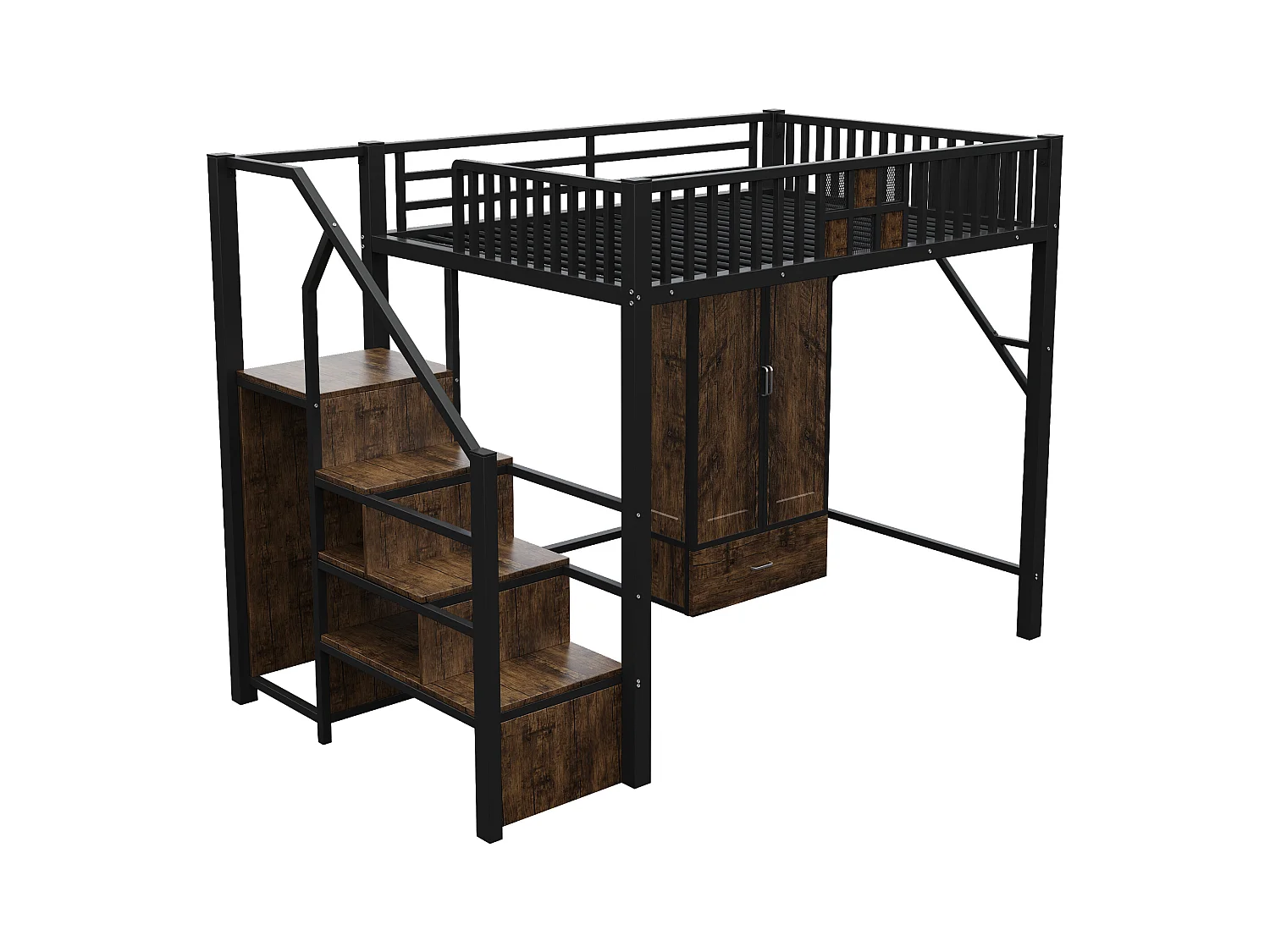 Lit mezzanine en métal 140x200 cm - avec penderie - 1 tiroir - avec échelle de rangement - noir (matelas non inclus)