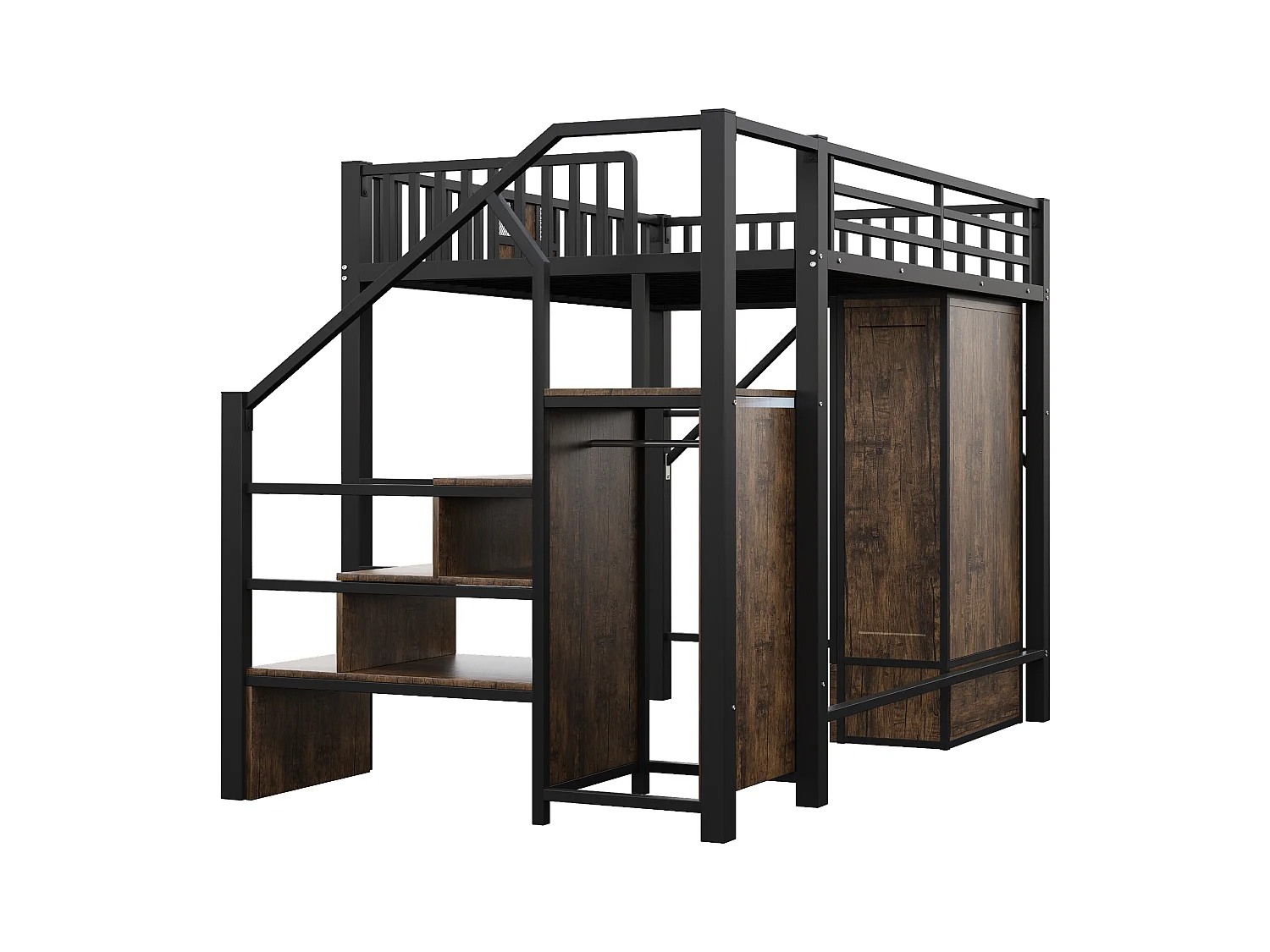 Lit mezzanine en métal 140x200 cm - avec penderie - 1 tiroir - avec échelle de rangement - noir (matelas non inclus)