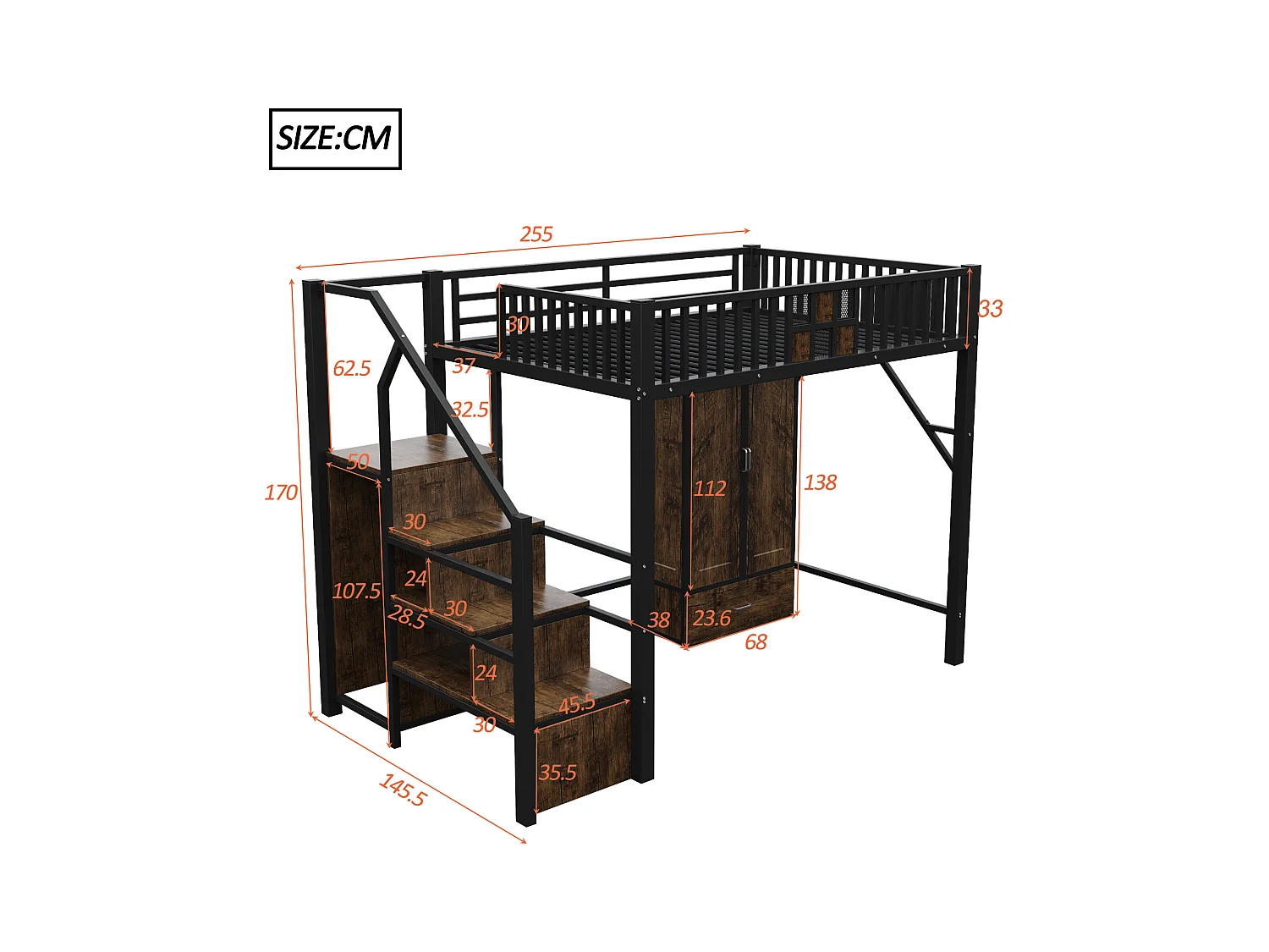 Lit mezzanine en métal 140x200 cm - avec penderie - 1 tiroir - avec échelle de rangement - noir (matelas non inclus)