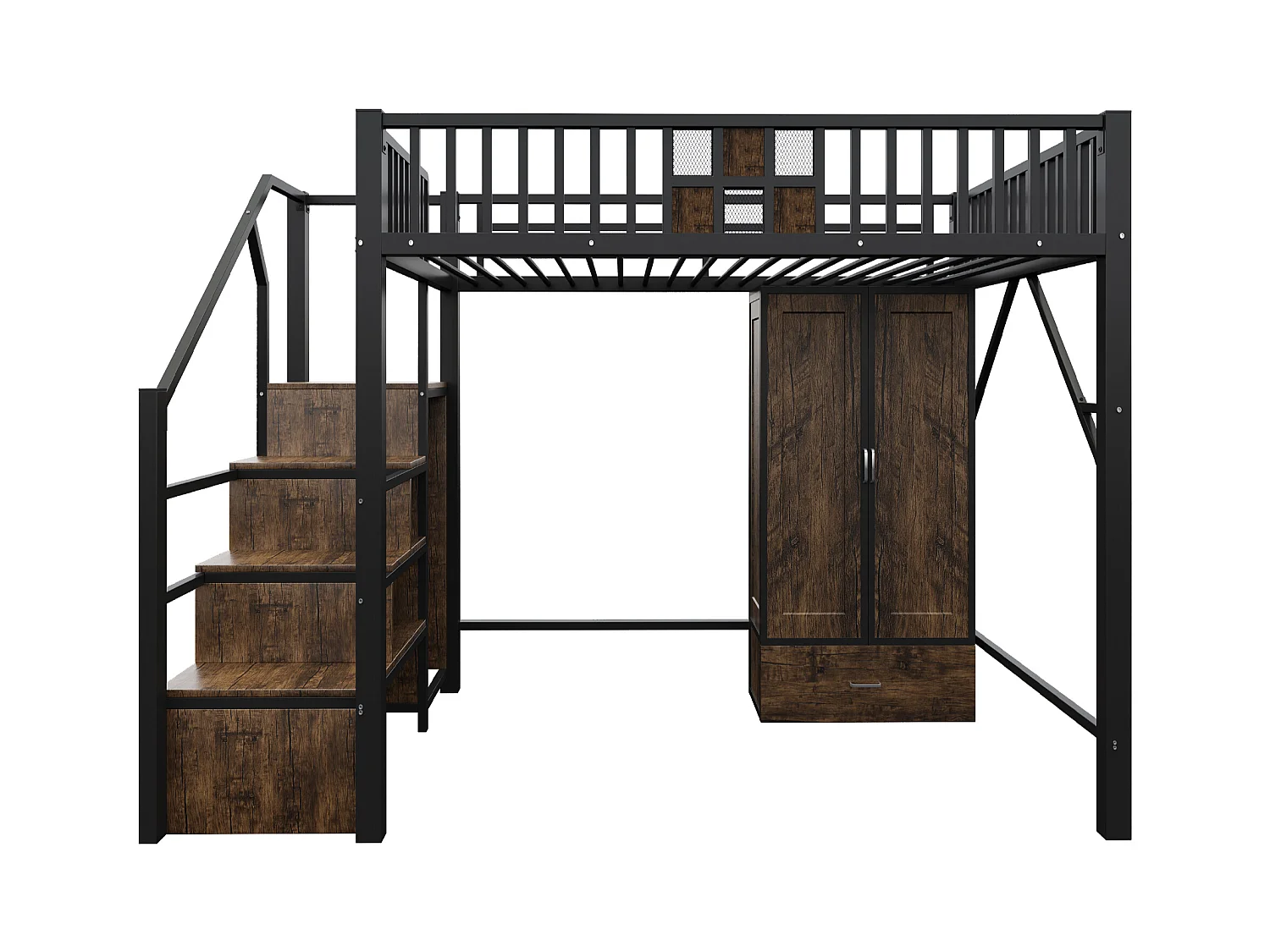Lit mezzanine en métal 140x200 cm - avec penderie - 1 tiroir - avec échelle de rangement - noir (matelas non inclus)