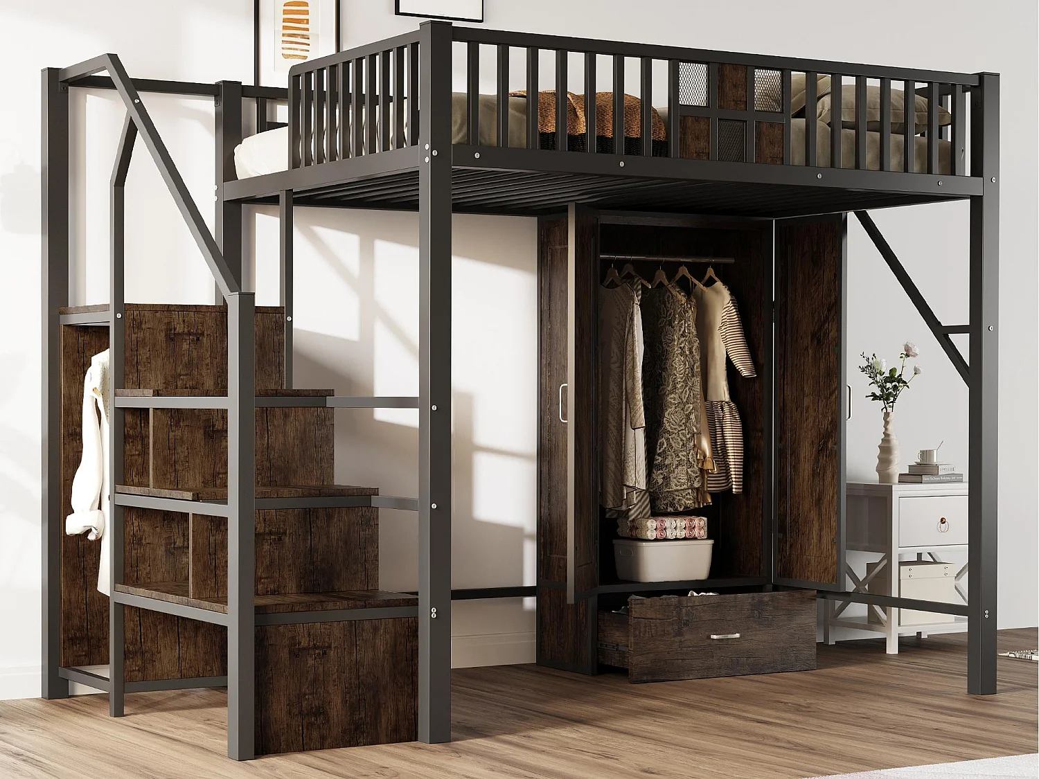 Lit mezzanine en métal 140x200 cm - avec penderie - 1 tiroir - avec échelle de rangement - noir (matelas non inclus)