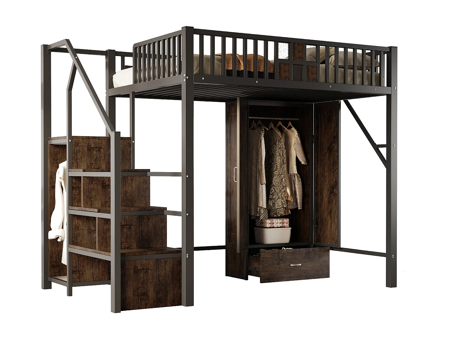 Lit mezzanine en métal 140x200 cm - avec penderie - 1 tiroir - avec échelle de rangement - noir (matelas non inclus)