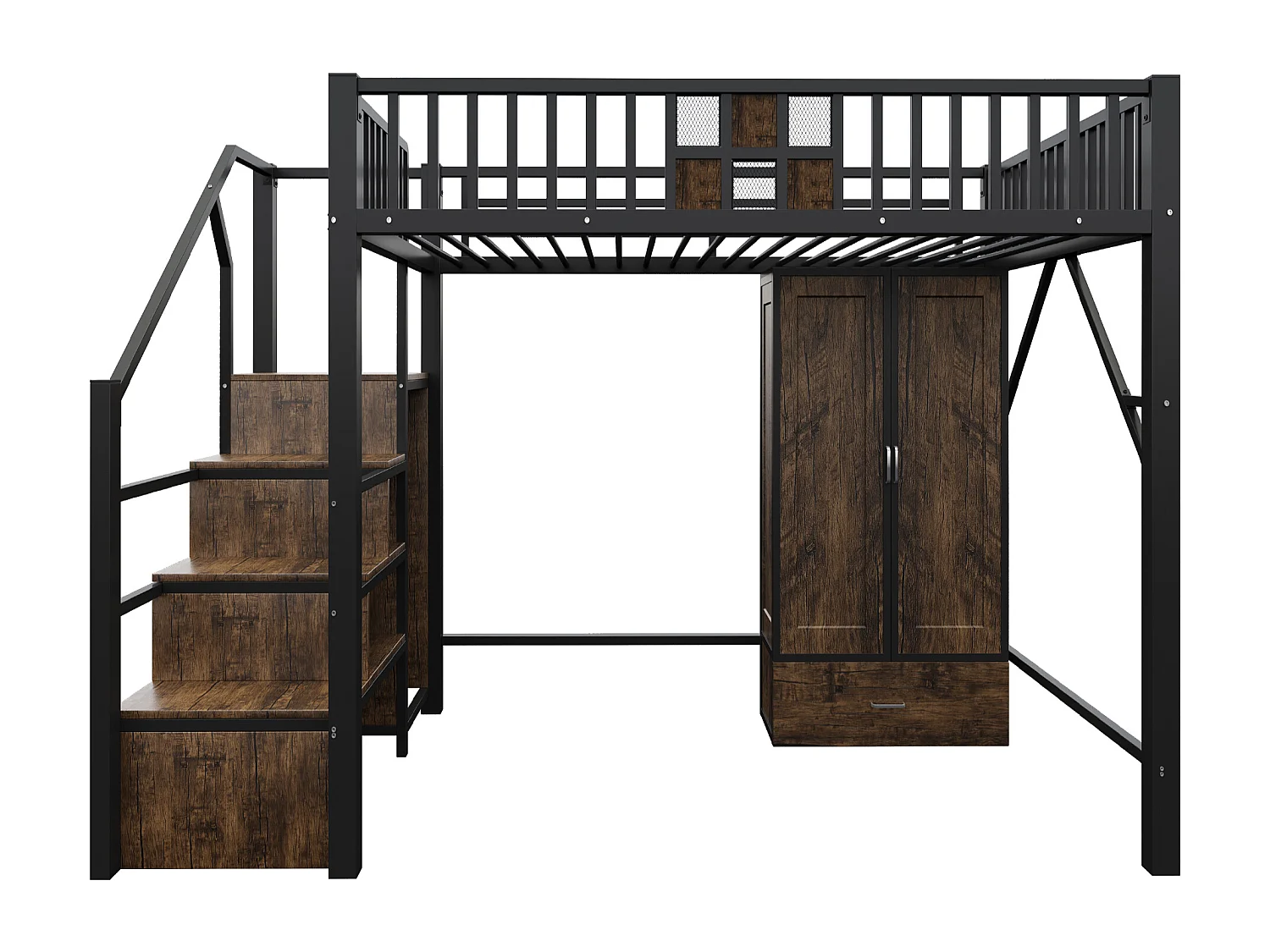 Lit mezzanine en métal 140x200 cm - avec penderie - 1 tiroir - avec échelle de rangement - noir (matelas non inclus)