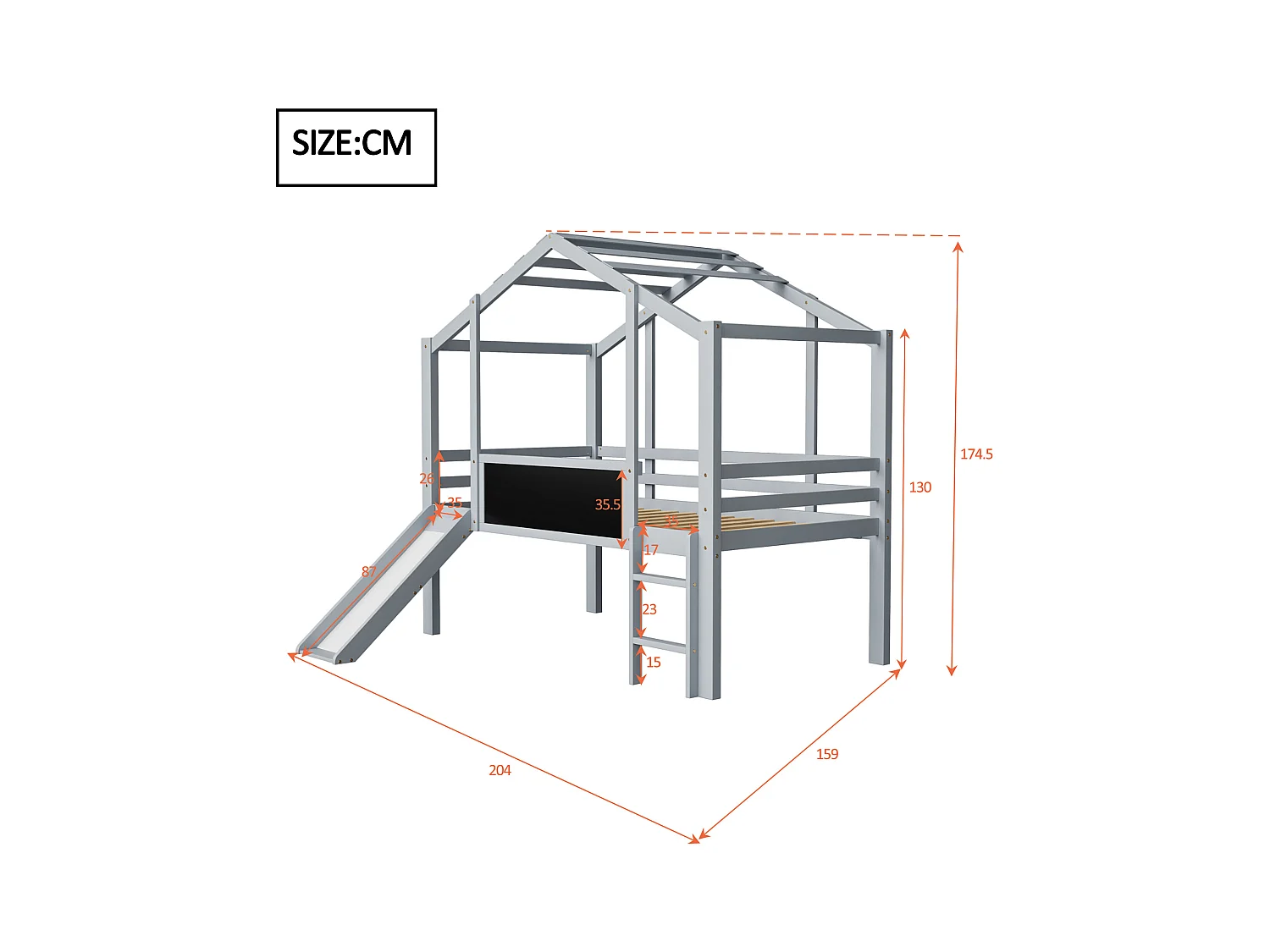 Lit mezzanine enfant 90x200 cm - avec échelle de sécurité - avec toboggan - avec tableau à dessin - Gris (matelas non inclus)