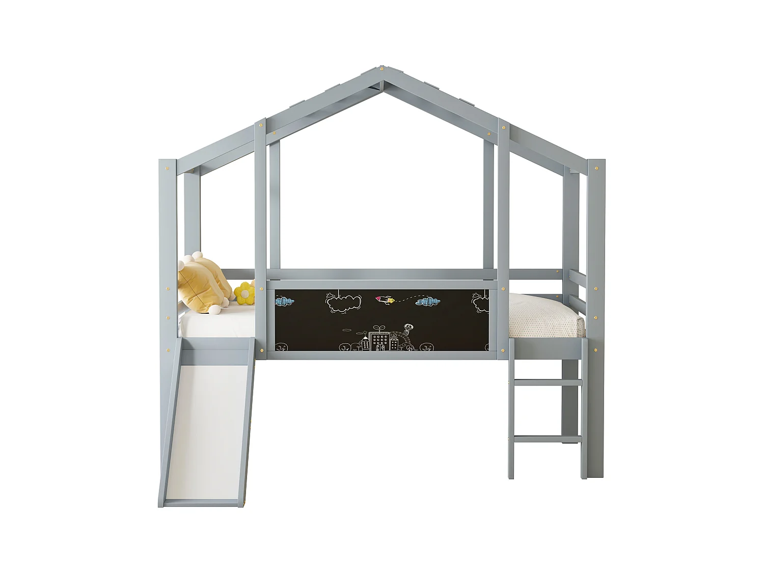 Lit mezzanine enfant 90x200 cm - avec échelle de sécurité - avec toboggan - avec tableau à dessin - Gris (matelas non inclus)