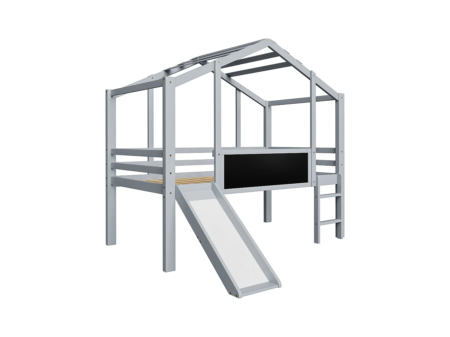 Lit mezzanine enfant 90x200 cm - avec échelle de sécurité - avec toboggan - avec tableau à dessin - Gris (matelas non inclus)