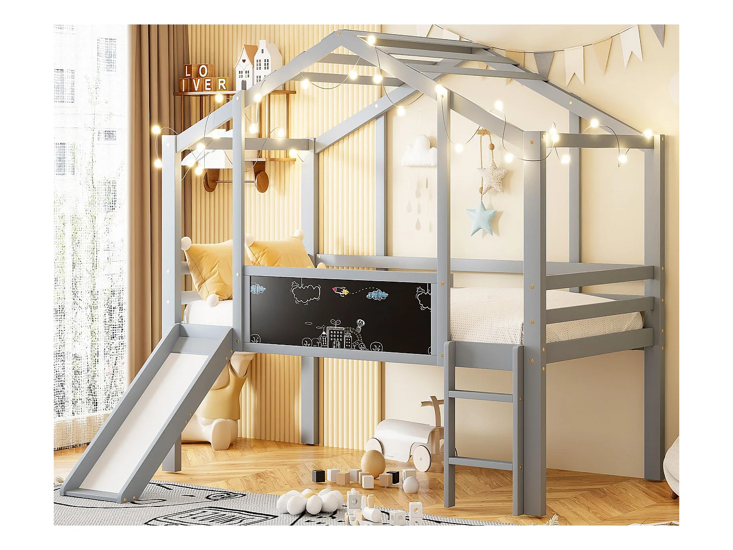 Letto soppalcato bambino 90x200 cm - con scala di sicurezza - con scivolo - con lavagna per disegnare - Grigio (materasso non incluso)