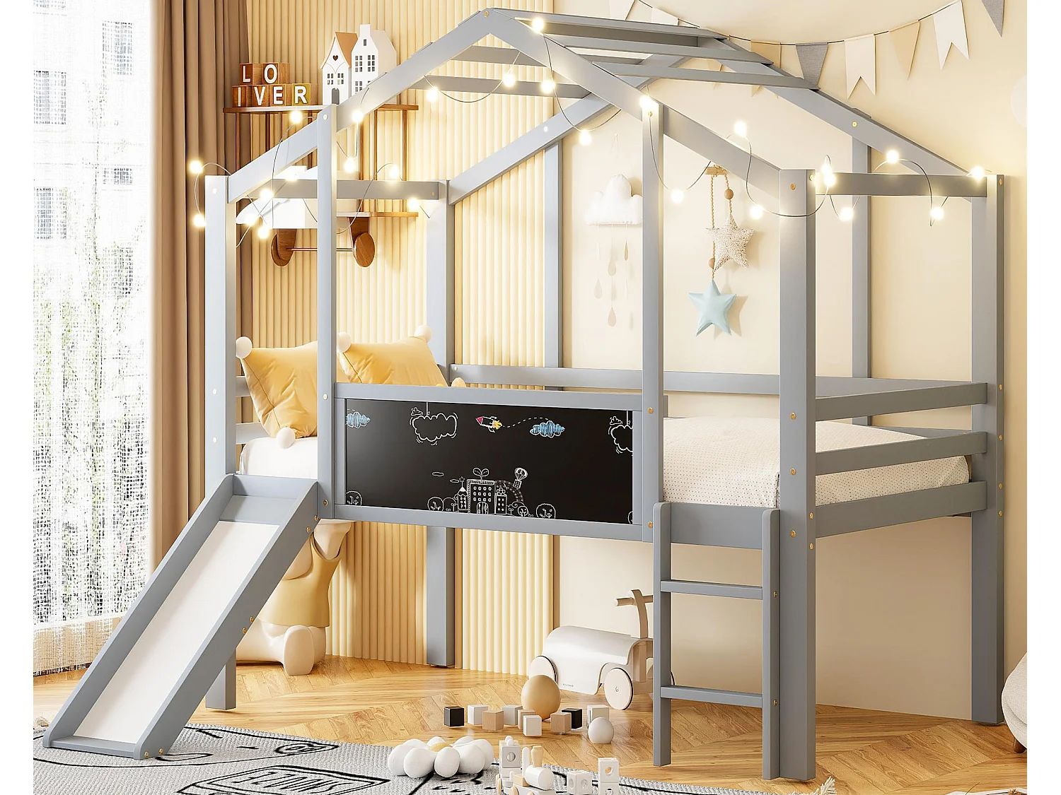 Kinderhochbett 90x200 cm - mit Sicherheitsleiter - mit Rutsche - mit Zeichentafel - Grau (Matratze nicht inbegriffen)