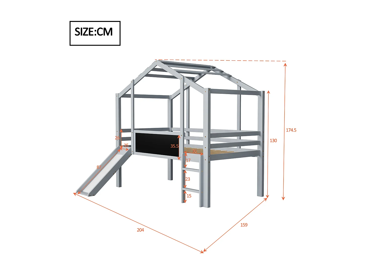Kinderhochbett 90x200 cm - mit Sicherheitsleiter - mit Rutsche - mit Zeichentafel - Grau (Matratze nicht inbegriffen)