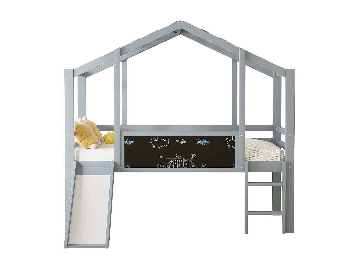 Kinderhochbett 90x200 cm - mit Sicherheitsleiter - mit Rutsche - mit Zeichentafel - Grau (Matratze nicht inbegriffen)