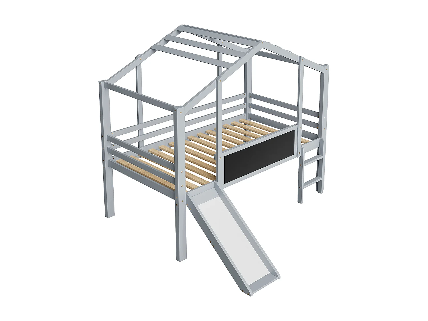 Kinderhochbett 90x200 cm - mit Sicherheitsleiter - mit Rutsche - mit Zeichentafel - Grau (Matratze nicht inbegriffen)