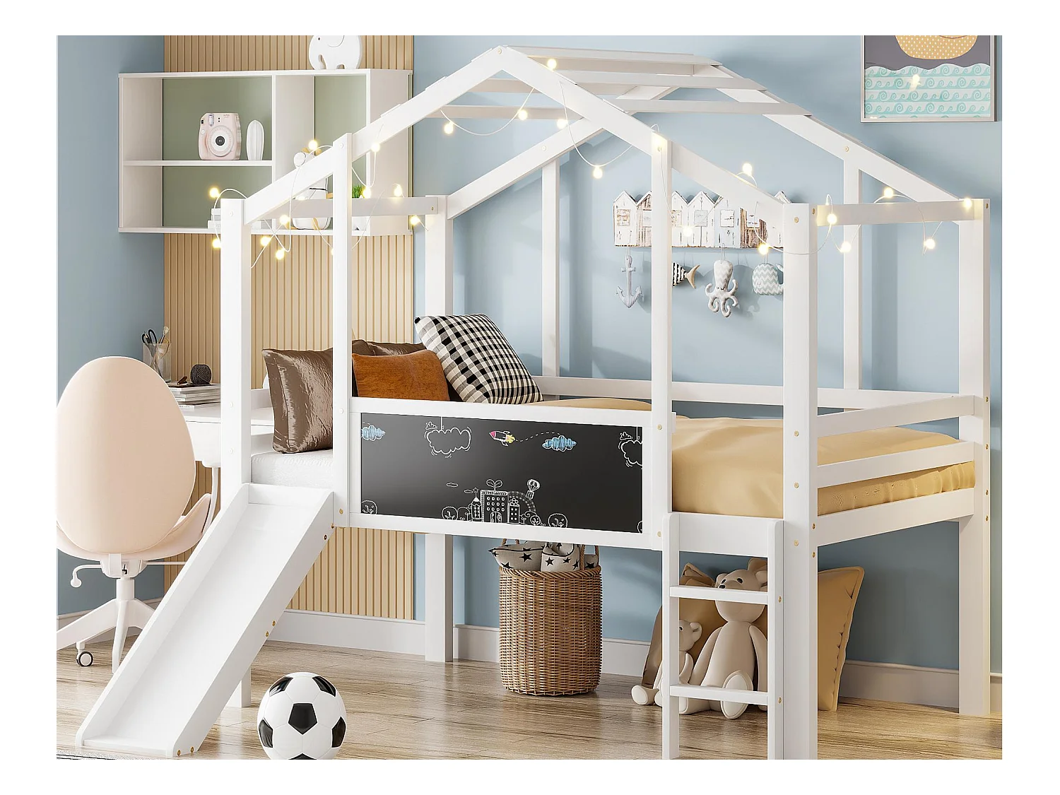 Lit mezzanine enfant 90x200 cm - avec échelle de sécurité - avec toboggan - avec tableau à dessin - Blanc (matelas non inclus)