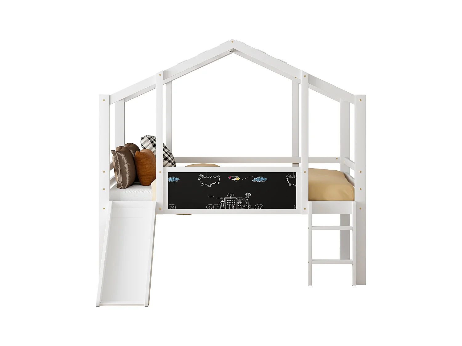 Lit mezzanine enfant 90x200 cm - avec échelle de sécurité - avec toboggan - avec tableau à dessin - Blanc (matelas non inclus)