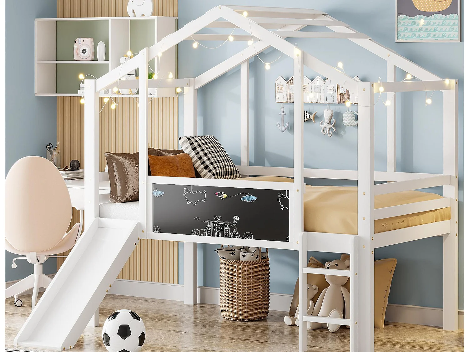 Kinderhoogbed 90x200 cm - met veiligheidsladder - met glijbaan - met tekenbord - Wit (matras niet inbegrepen)