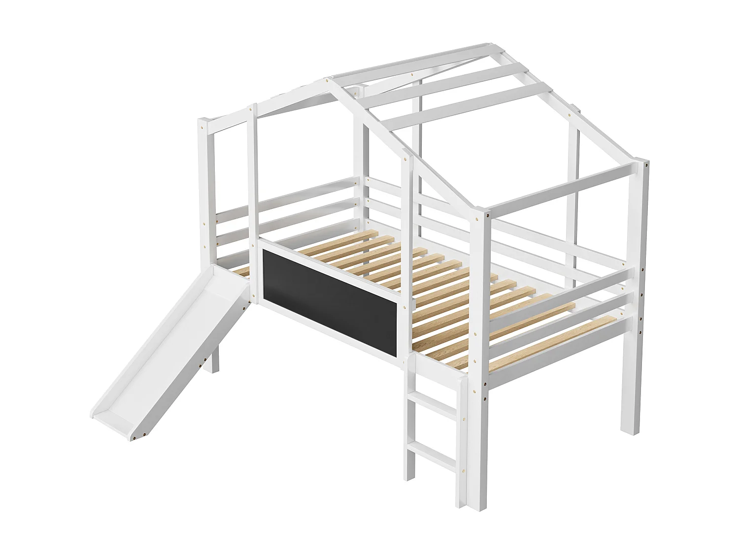 Kinderhoogbed 90x200 cm - met veiligheidsladder - met glijbaan - met tekenbord - Wit (matras niet inbegrepen)