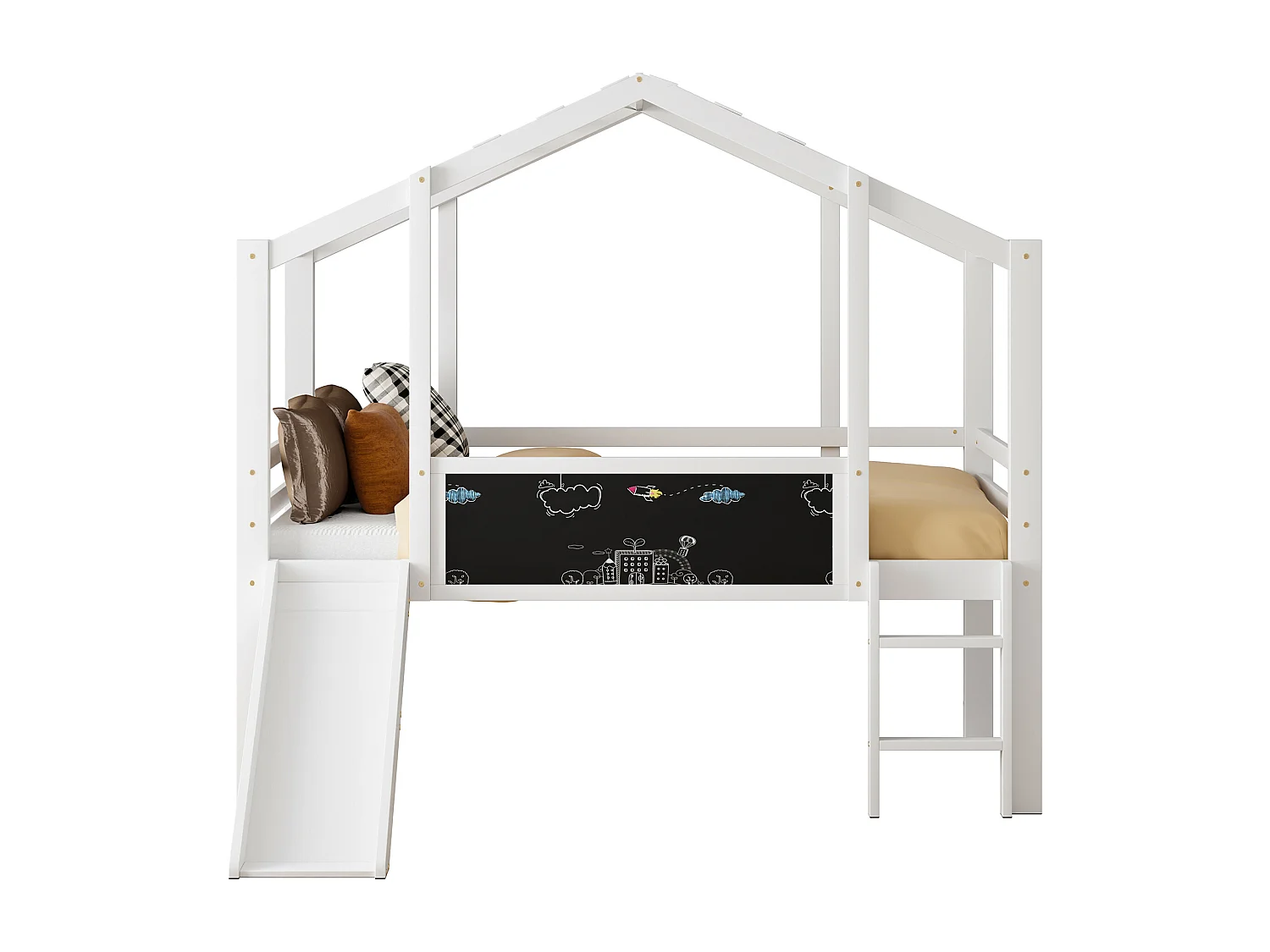 Kinderhoogbed 90x200 cm - met veiligheidsladder - met glijbaan - met tekenbord - Wit (matras niet inbegrepen)