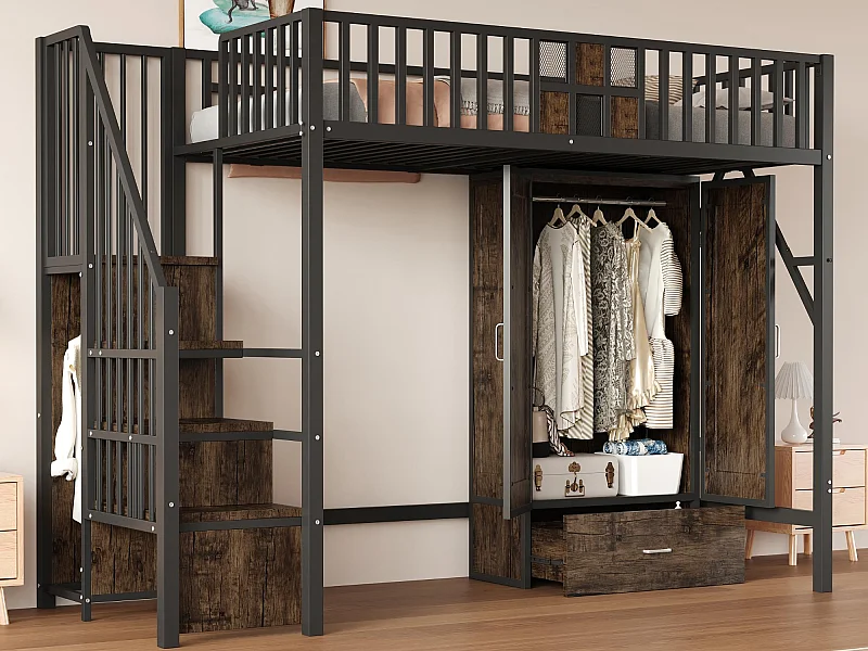 Lit mezzanine en métal 90x200 cm - avec penderie - 1 tiroir - avec échelle de rangement - noir (matelas non inclus)