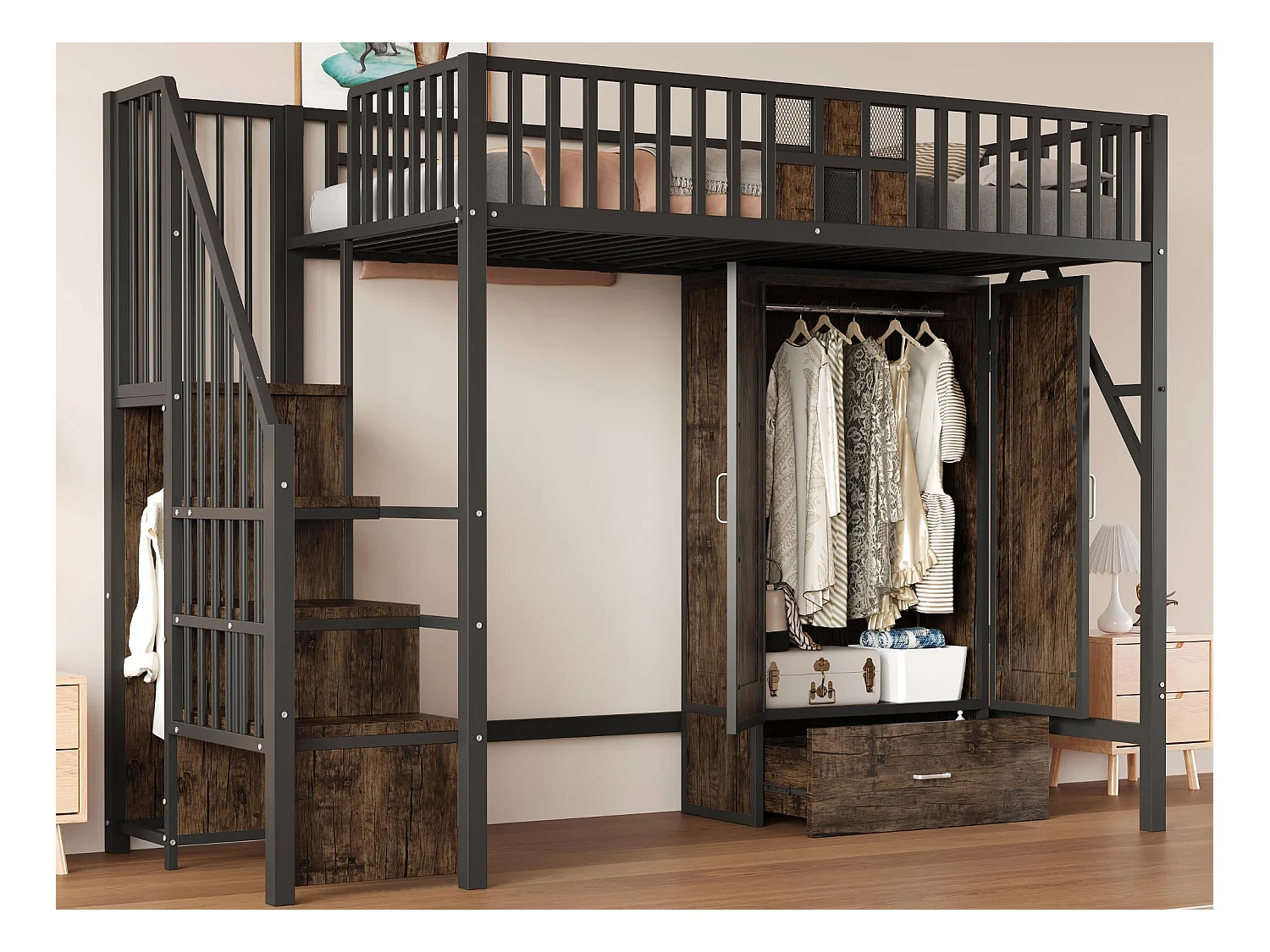 Lit mezzanine en métal 90x200 cm - avec penderie - 1 tiroir - avec échelle de rangement - noir (matelas non inclus)