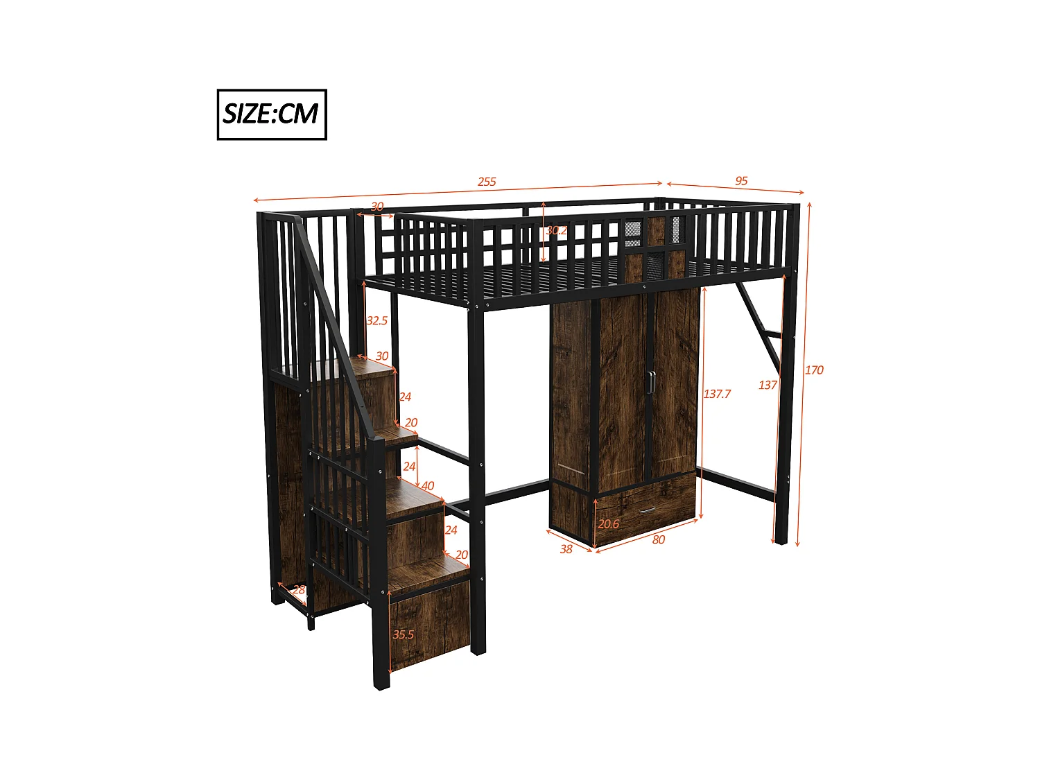 Lit mezzanine en métal 90x200 cm - avec penderie - 1 tiroir - avec échelle de rangement - noir (matelas non inclus)