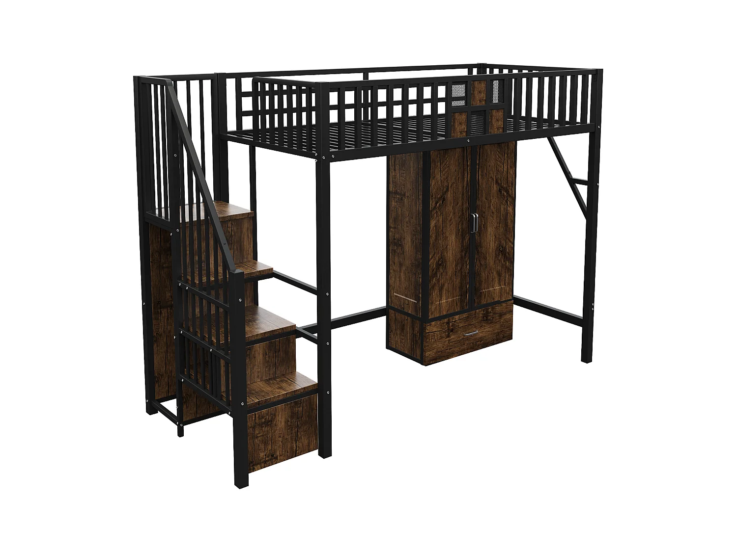 Lit mezzanine en métal 90x200 cm - avec penderie - 1 tiroir - avec échelle de rangement - noir (matelas non inclus)