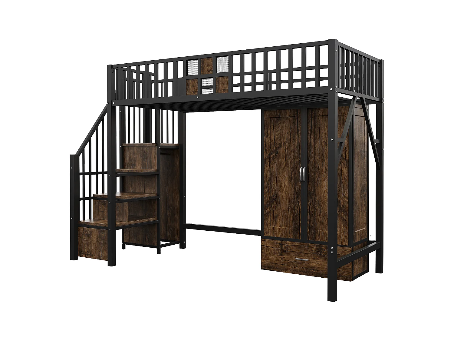 Lit mezzanine en métal 90x200 cm - avec penderie - 1 tiroir - avec échelle de rangement - noir (matelas non inclus)