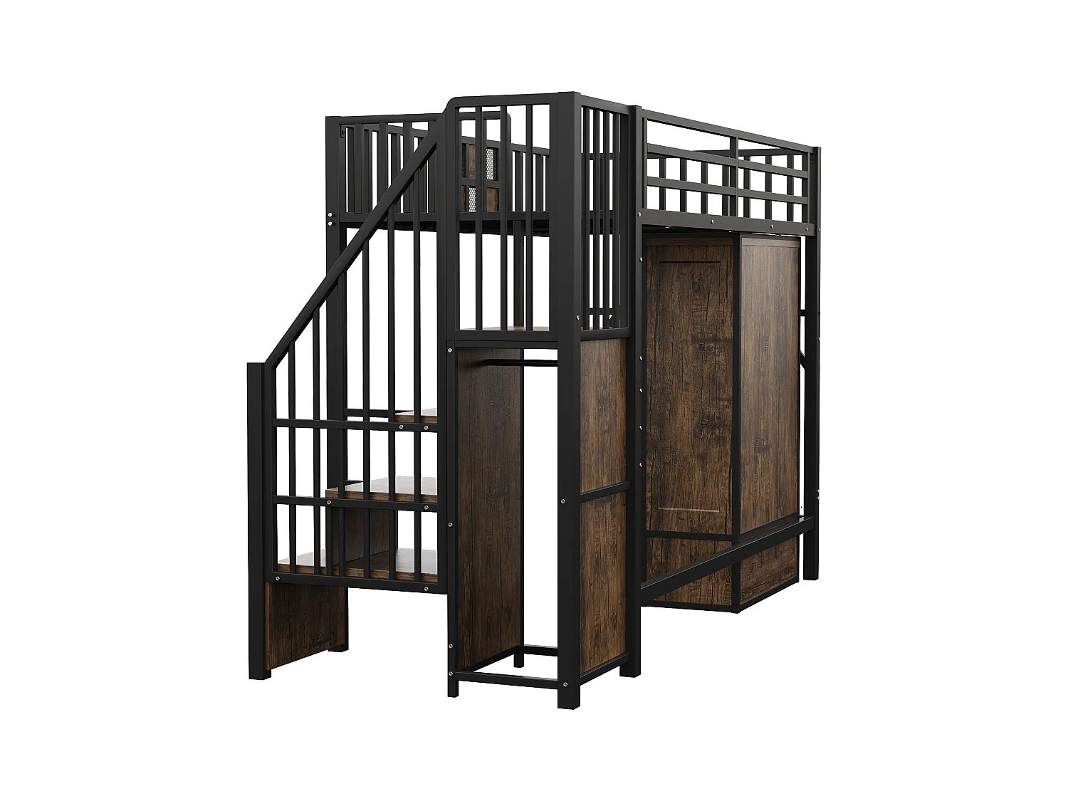 Lit mezzanine en métal 90x200 cm - avec penderie - 1 tiroir - avec échelle de rangement - noir (matelas non inclus)