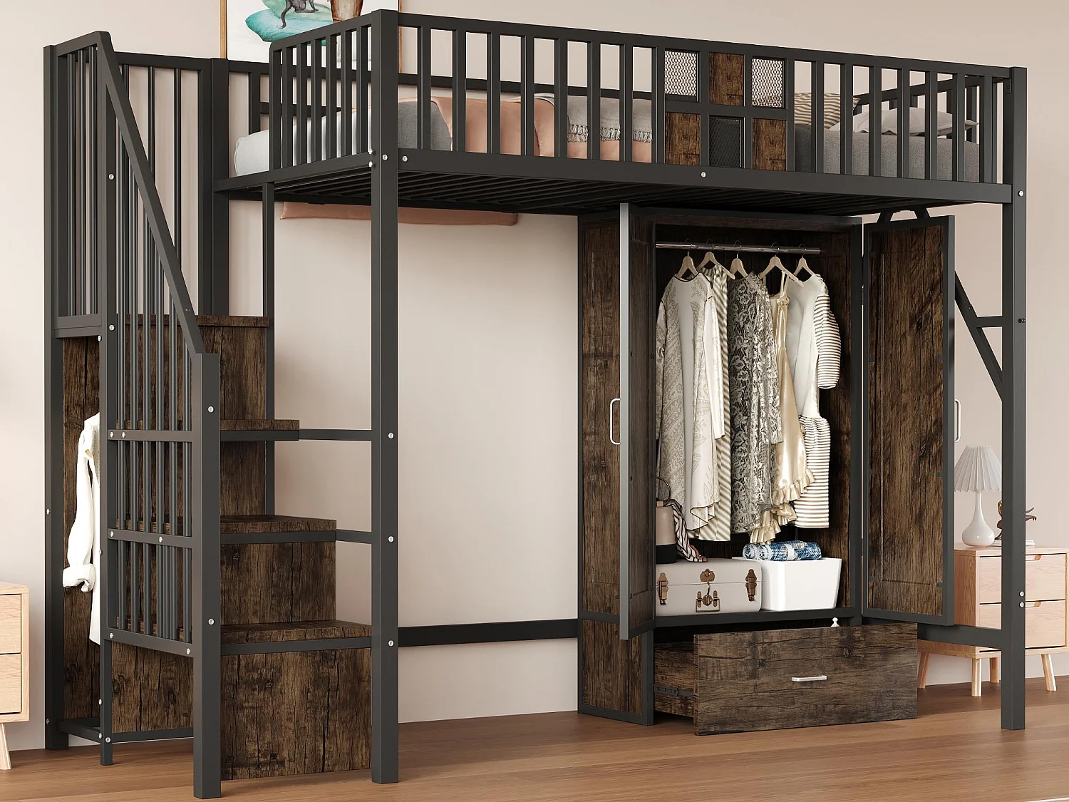 Letto soppalcato in metallo 90x200 cm - con guardaroba - 1 cassetto - con scala ripostiglio - nero (materasso non incluso)