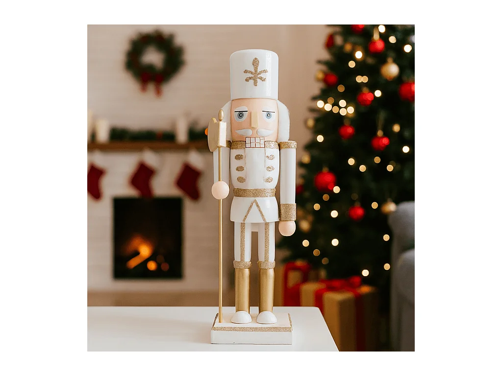 Schiaccianoci di Natale Rebecca Mobili Yulaf 25x6,5x7,5 Legno Bianco Oro Classico