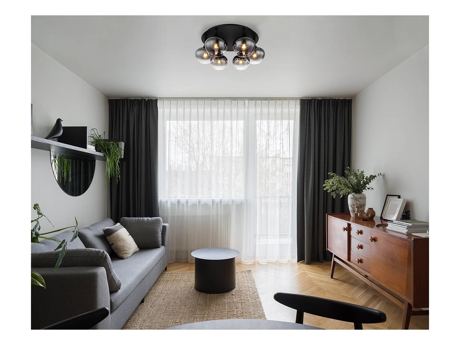 Plafonnier métal noir mat, 6x E27