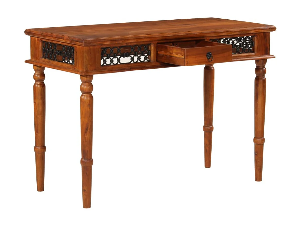 Mesa de trabalho móvel para computador escritório com gaveta 110 x 50 x 76 cm madeira maciça de acácia marrom 02_0023443