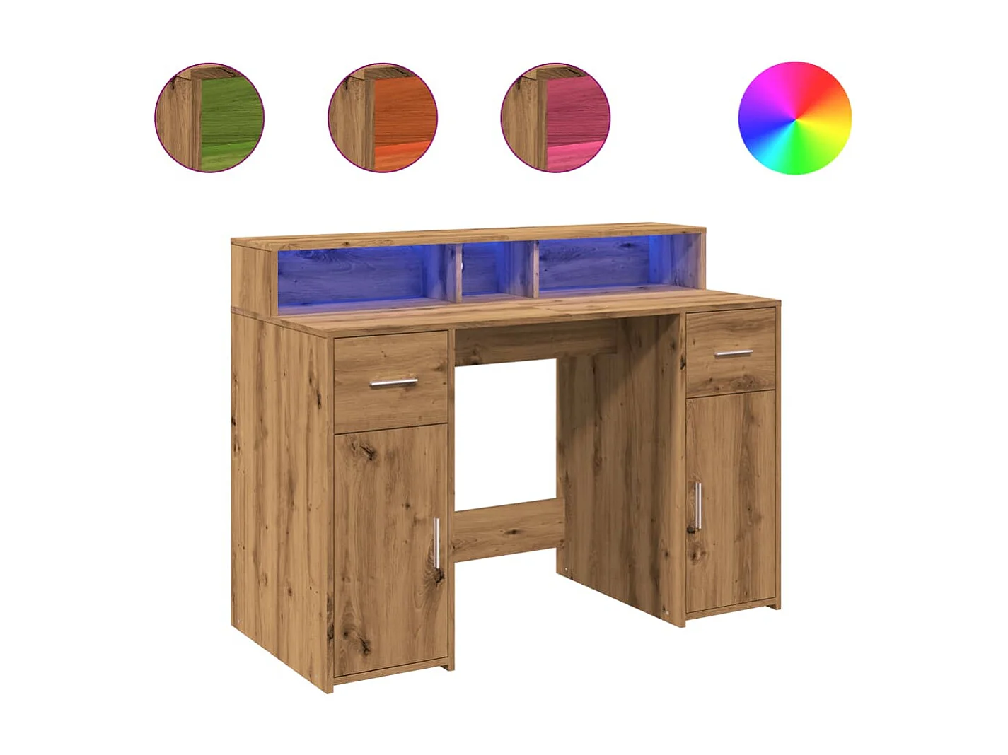 Scrivania Tavolo Postazione di lavoro Mobili per computer Studio con luci a LED Legno ingegnerizzato di rovere lavorato a mano Marrone 02_0023413