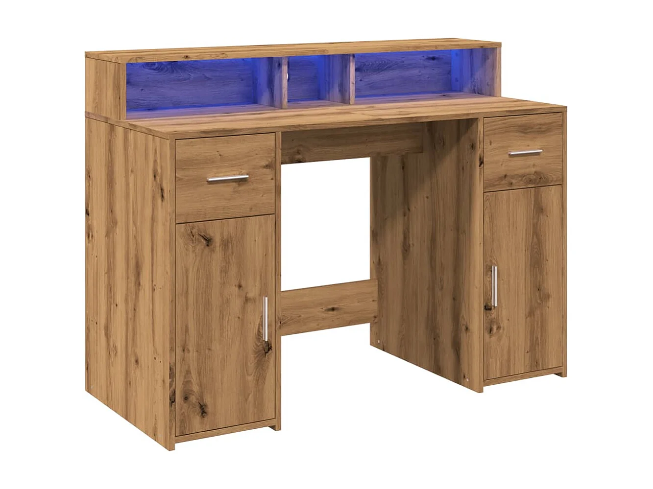 Scrivania Tavolo Postazione di lavoro Mobili per computer Studio con luci a LED Legno ingegnerizzato di rovere lavorato a mano Marrone 02_0023413