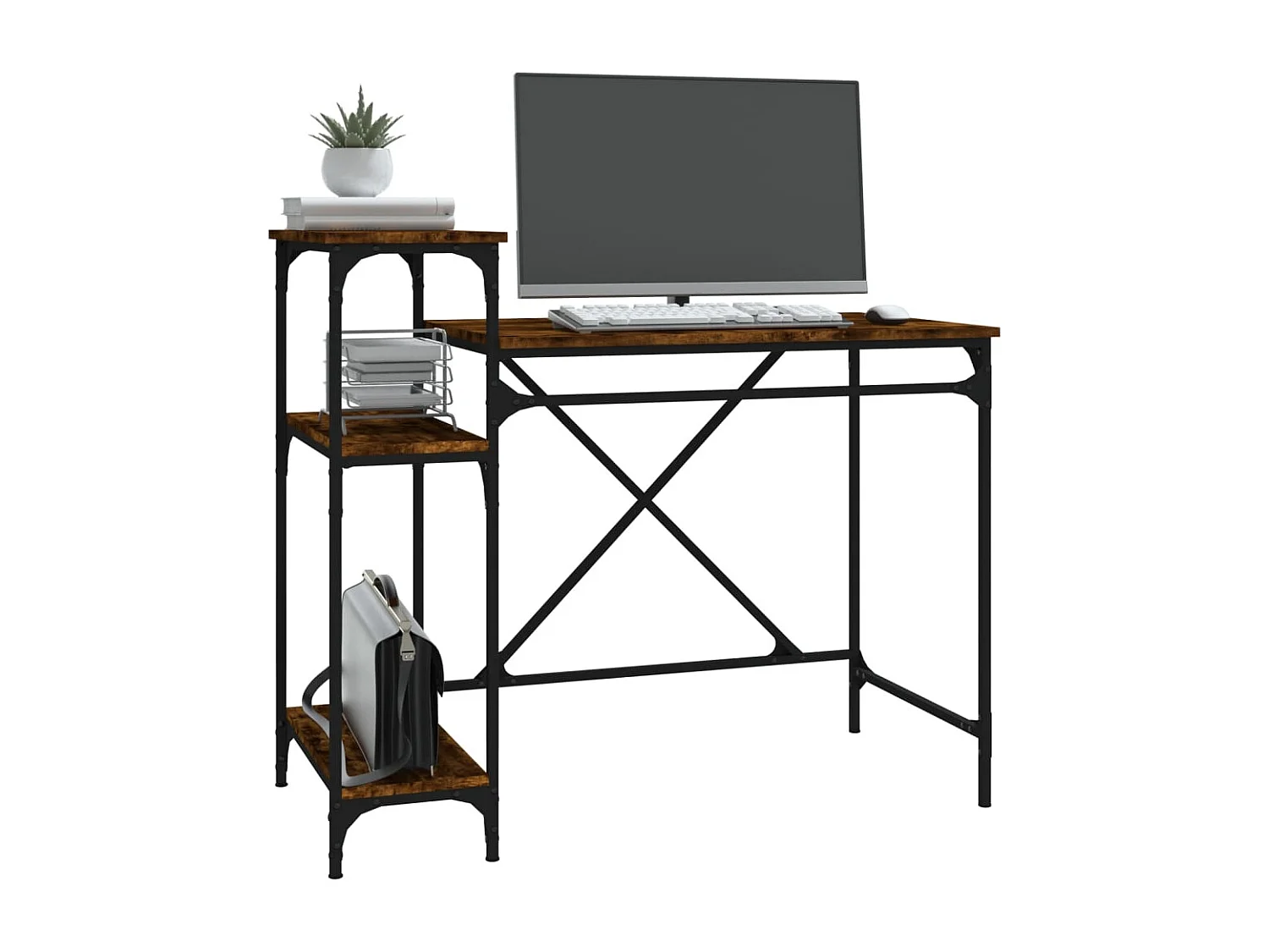 Scrivania tavolo postazione di lavoro mobile per computer studio computer con ripiani rovere 105 x 50 x 90 cm legno ingegnerizzato e ferro marrone 02_0023484